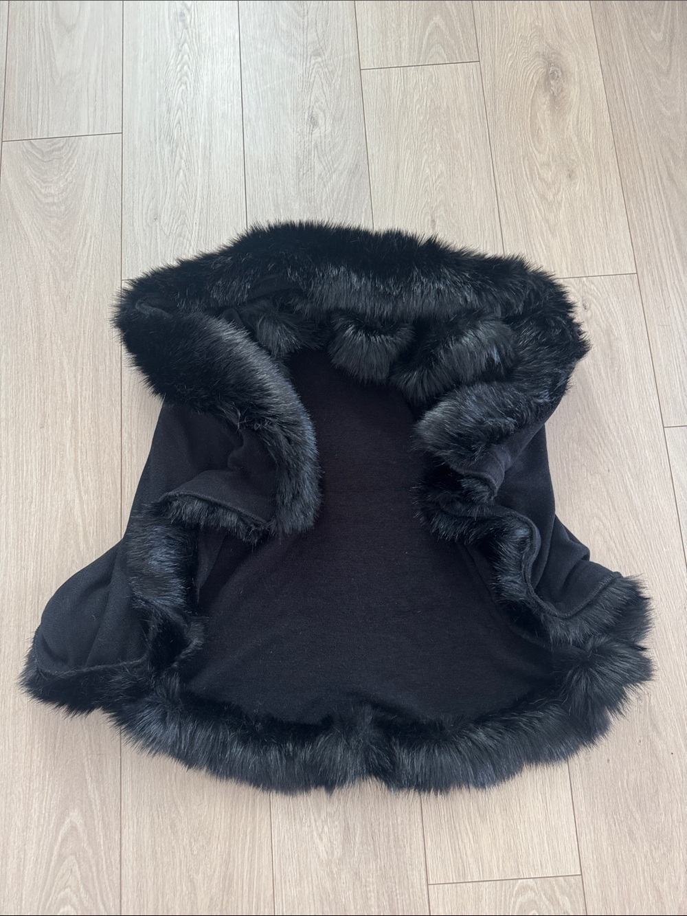 Black Faux Fur-Trim Hooded Cape - Women's Jacket & Coat